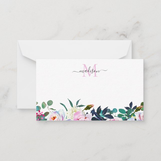 Sleek Floral Blush Pink Peony Botanical Monogram Note Card (Front)