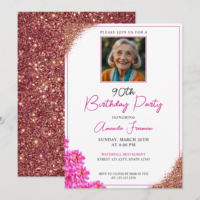 Sleek Floral Glitter 90th Birthday Invitation (Front/Back)