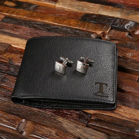 Sleek Gift Set with Leather Wallet and Cuff Links (Front)
