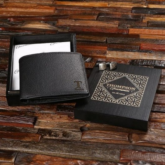 Sleek Gift Set with Leather Wallet and Cuff Links (Front)