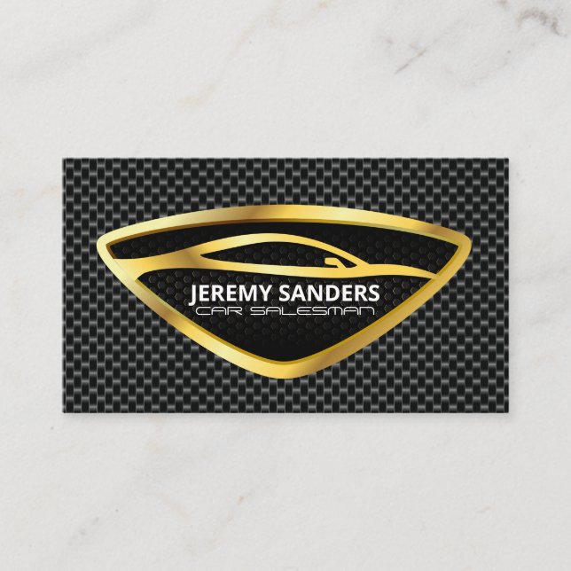 Sleek Gold Auto Logo | Carbon Fiber Backdrop Business Card (Front)