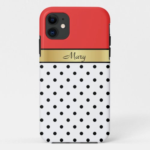 Sleek Gold Ribbon Text Poppy Red White Black Dots iPhone 11 Case