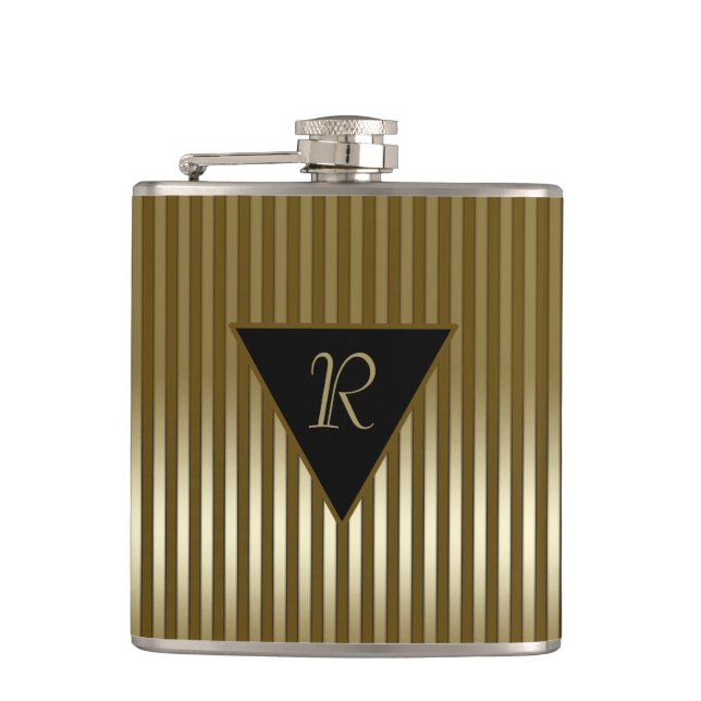 Sleek Gold Stripes Monogrammed Flask (Front)