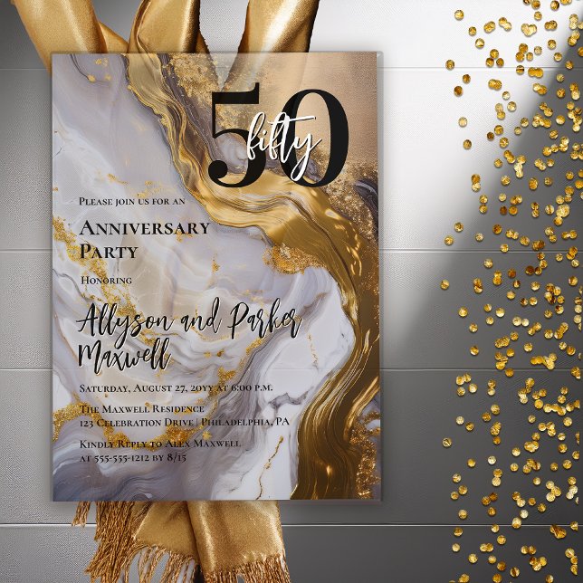 Sleek Gold | White Marble 50 Anniversary Party Acrylic Invitations (Sleek Gold White Marble "50" 50th Wedding Anniversary Party Acrylic Invitation)