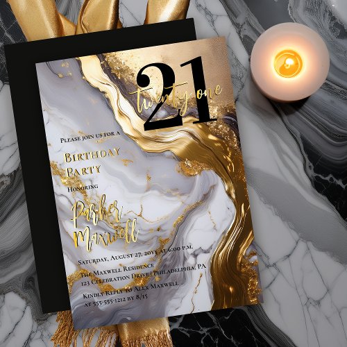 Sleek Gold | White Marble Modern 21 Birthday Party