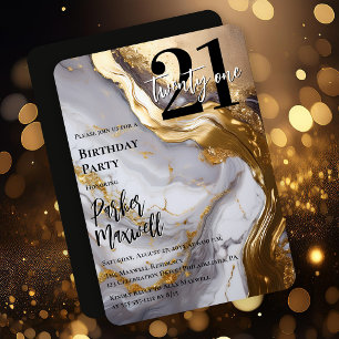 Sleek Gold White Marble Modern 21 Birthday Party Invitation