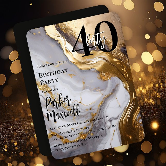 Sleek Gold | White Marble Modern 40 Birthday Party Invitation (Sleek Faux Gold and White Marble Modern "40" 40th Birthday Party Invitation - Print | Digital )