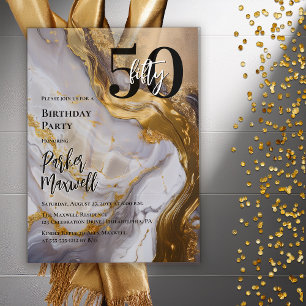 Sleek Gold White Marble Modern 50 Birthday Party Acrylic Invitations