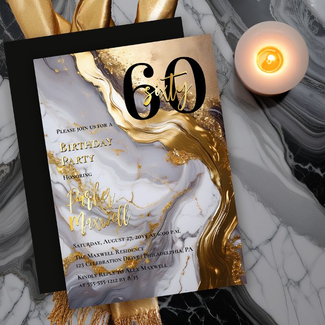 Sleek Gold | White Marble Modern 60 Birthday Party Foil Invitation (Sleek Faux Gold and White Marble Modern "60" 60th Birthday Party Invitation - Gold Foil Text Accents)