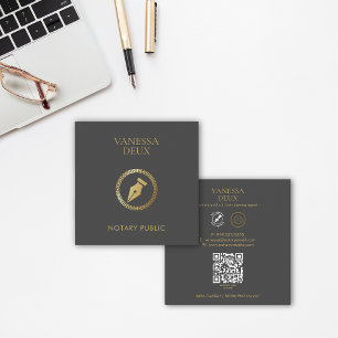 Sleek Gray & Gold Notary Pen QR Logo Elegant Square Business Card
