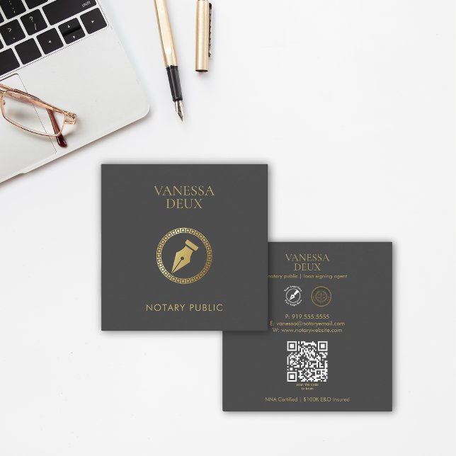 Sleek Gray & Gold Notary Pen QR Logo Elegant Square Business Card (Creator Uploaded)