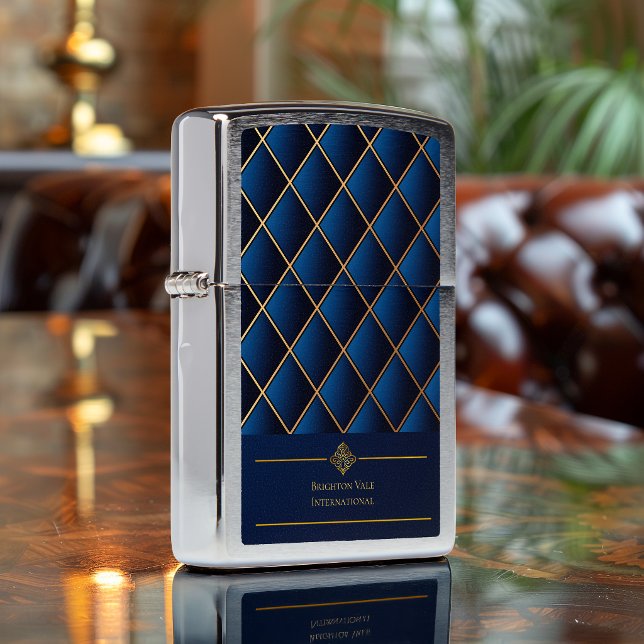 Sleek Luxury Navy & Gold Geometric Corporate Zippo Lighter (Sleek Navy Blue Personalized  Corporate Gift Zippo Lighter )