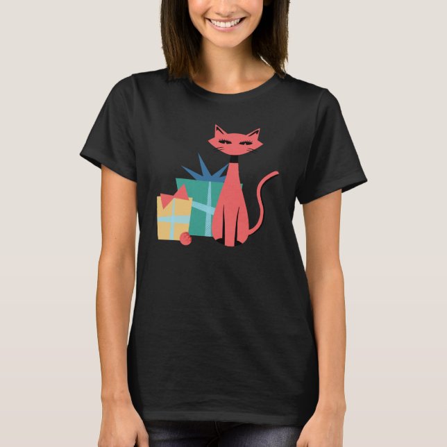 Sleek Mid Century Modern Christmas Cat with Presen T-Shirt (Front)