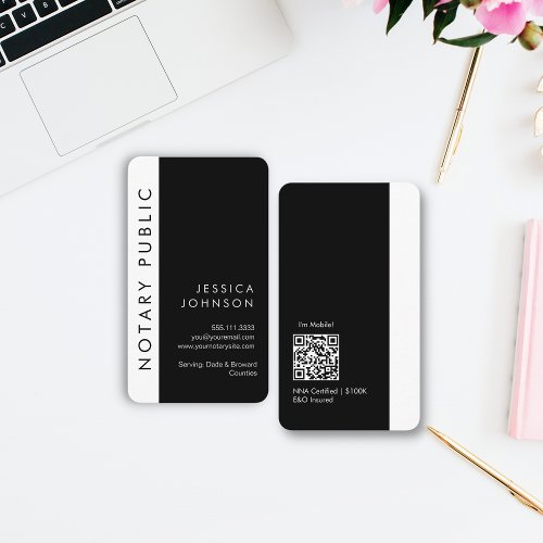 Sleek Minimal Black White Notary QR Code Business Card