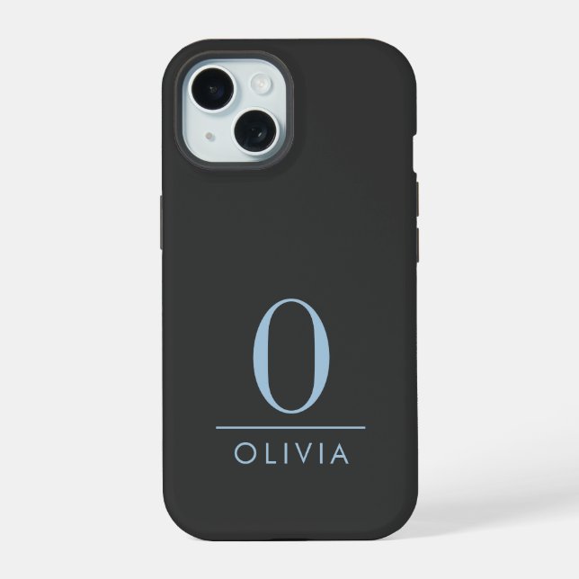 Sleek Minimalist Blue Monogram Black Iphone Case (Back)