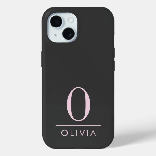 Sleek Minimalist Blush Pink Monogram Black iPhone 15 Case