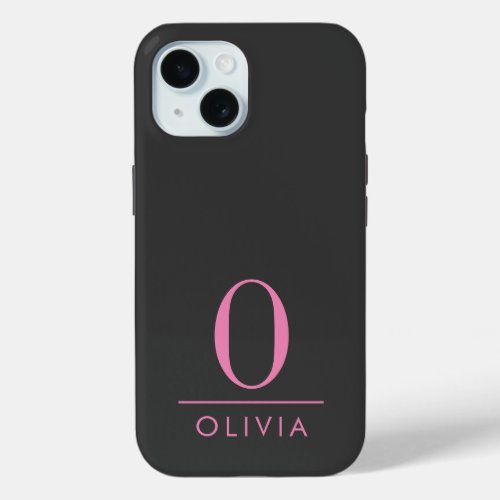 Sleek Minimalist Hot Pink Monogram Black iPhone 15 Case