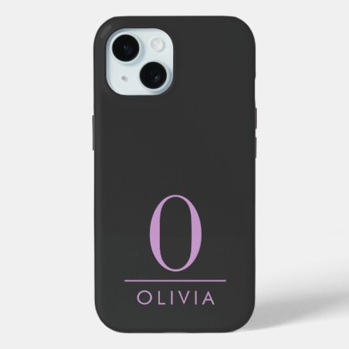 Sleek Minimalist Lavender Monogram Black iPhone 15 Case
