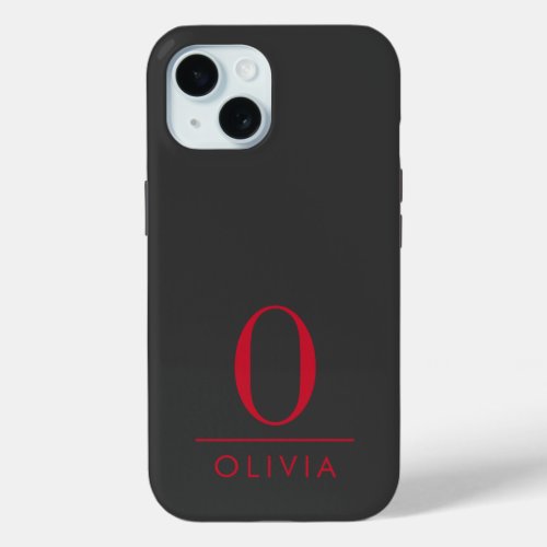 Sleek Minimalist Red Monogram Black iPhone 15 Case