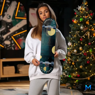 Sleek Minimalist Teal and Gold Skateboard Design