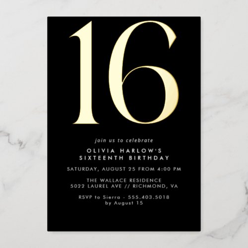Sleek Modern Black and Gold  Cool 16th Birthday Foil Invitation