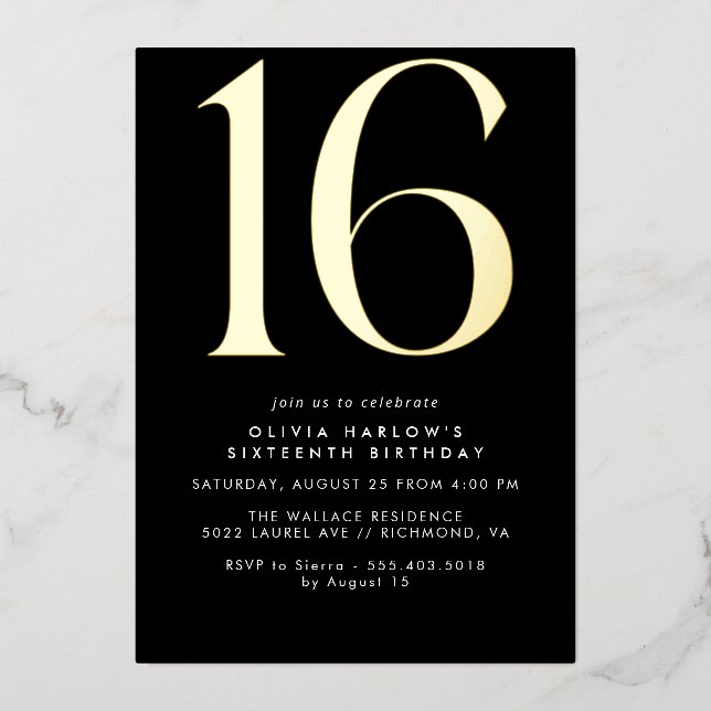 Sleek Modern Black and Gold | Cool 16th Birthday Foil Invitation (Front)
