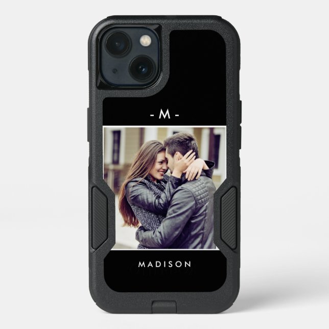 Sleek Modern Black Monogram with Your Photo Otterbox iPhone Case (Back)