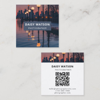 Sleek, Modern Cityscape for Photographers qr-code Square Business Card