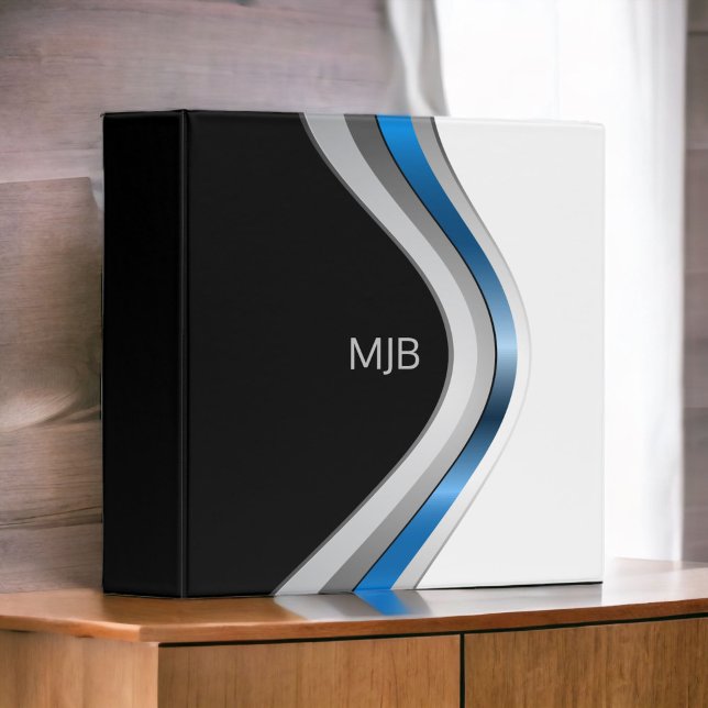Sleek Modern Curves with Monogram 3 Ring Binder (A sleek 3-ring binder with metallic curves, personalize with your monogram initials or other text.)