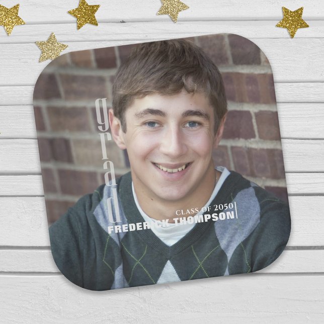 Sleek Modern Graduation Photo Layout Plates (Minimal elegant graduation design with refined senior photo layout.)