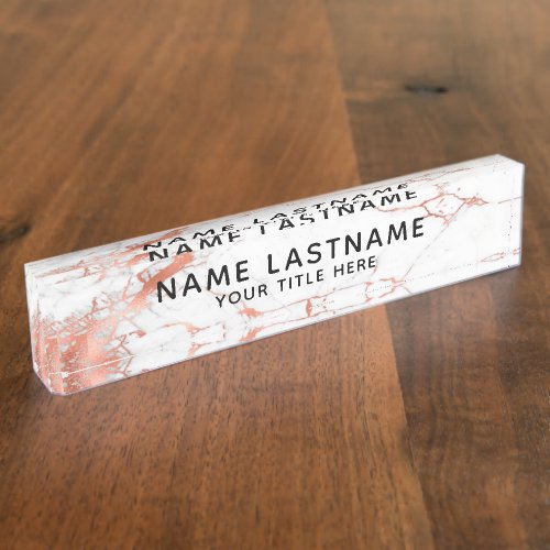 Sleek Modern Grey White Marble Rose Gold Custom Desk Name Plate