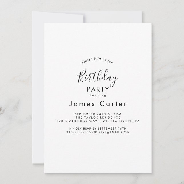 Sleek Modern Script Birthday Party Invitation (Front)