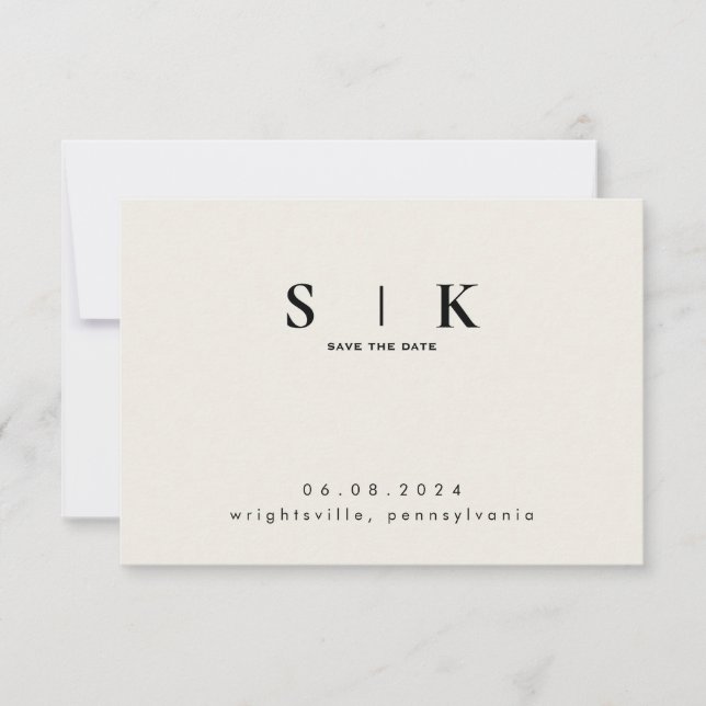 Sleek Monogram Cream Wedding QR Code Save the Date (Front)