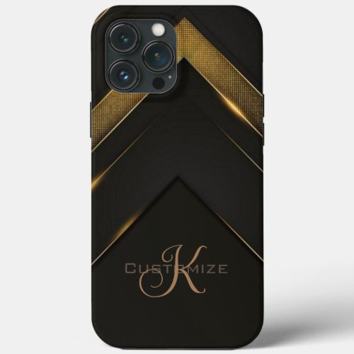 Sleek Monogrammed Black And Gold Chevron  iPhone 13 Pro Max Case