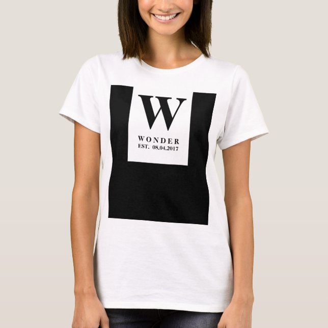 Sleek Newly Wed Monogram | Black Minimalist Weddin T-Shirt (Front)