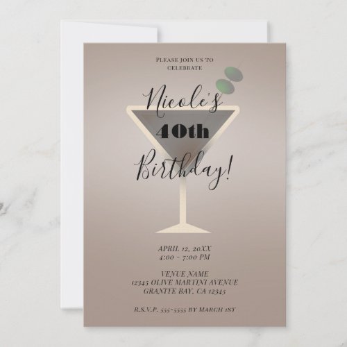 Sleek Olive Martini Glam Cocktail Birthday Party Invitation
