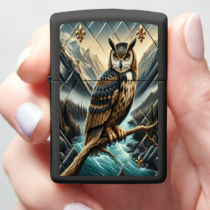 Sleek Owl Snow Mountain Ocean Leather Art Zippo Lighter