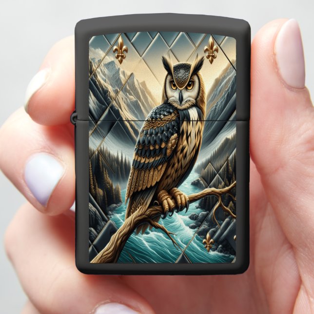 Sleek Owl Snow Mountain Ocean Leather Art Zippo Lighter (In Hand)