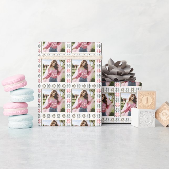 Sleek Personalized Photo and Holiday Poinsettia Wrapping Paper (Baby Shower)