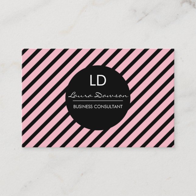Sleek Pink Monogram Circle and Stripes Business Card (Front)
