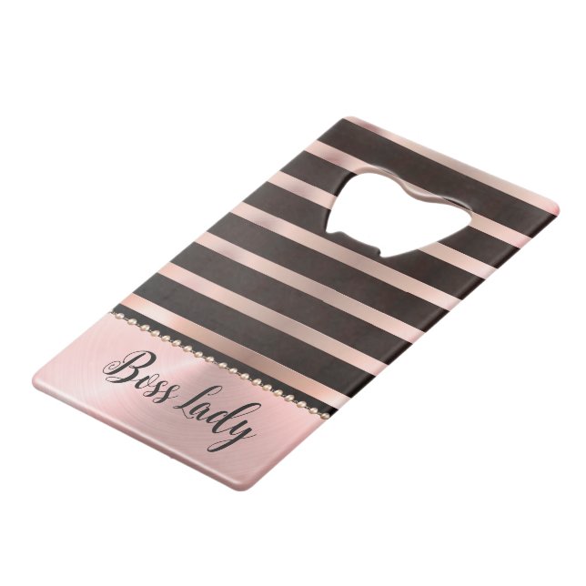 Sleek Pink Striped Boss Lady   Credit Card Bottle Opener (Back Angled)