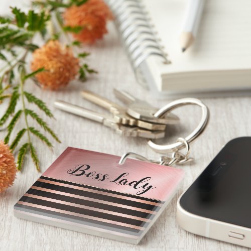 Sleek Pink Striped Boss Lady    Keychain