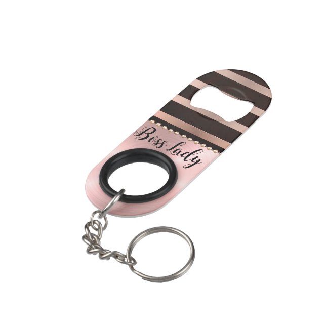 Sleek Pink Striped Boss Lady    Keychain Bottle Opener (Back Angled)