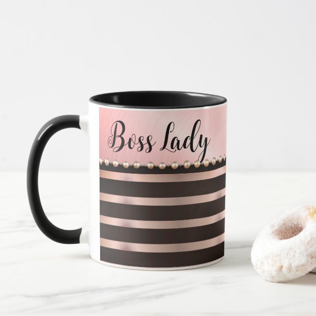 Sleek Pink Striped Boss Lady   Mug (With Donut)