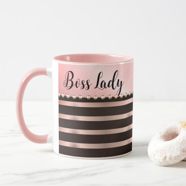 Sleek Pink Striped Boss Lady   Mug (With Donut)