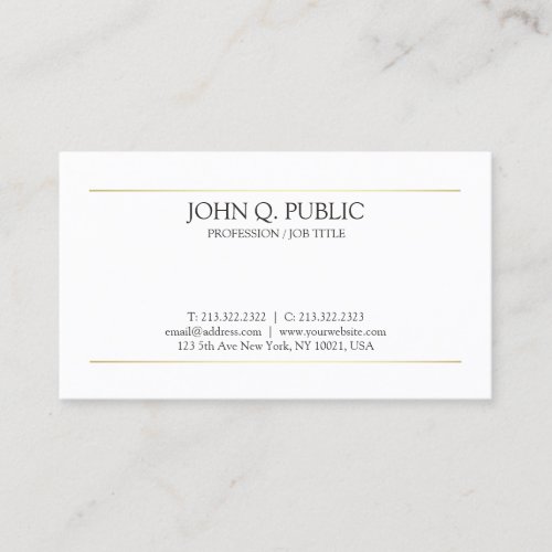 Sleek Plain Modern White Elegant Design Gold Business Card