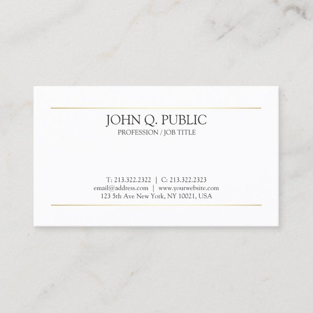 Sleek Plain Modern White Elegant Design Gold Business Card (Front)