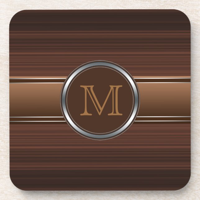 Sleek Professional Brown Stripes Monogram Drink Coaster (Front)