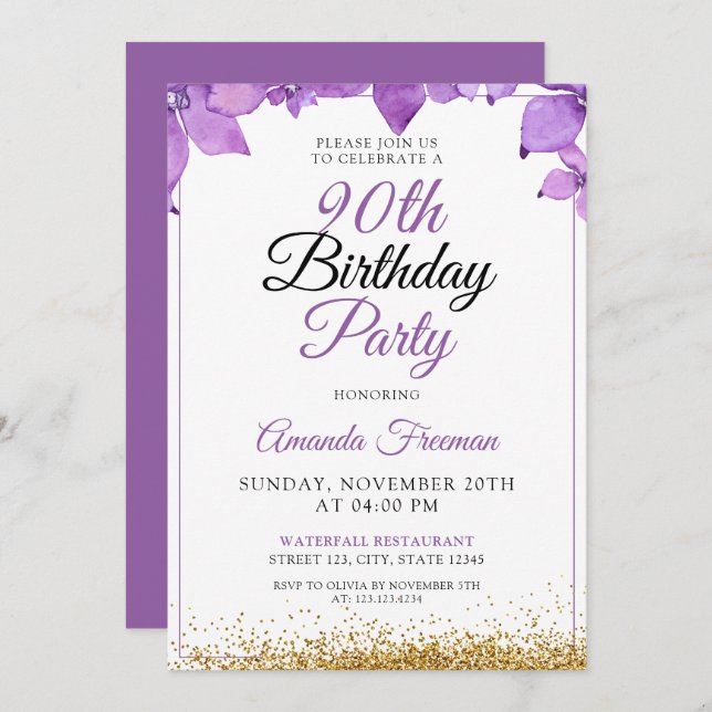 Sleek Purple Flowers 90th Birthday Invitation (Front/Back)