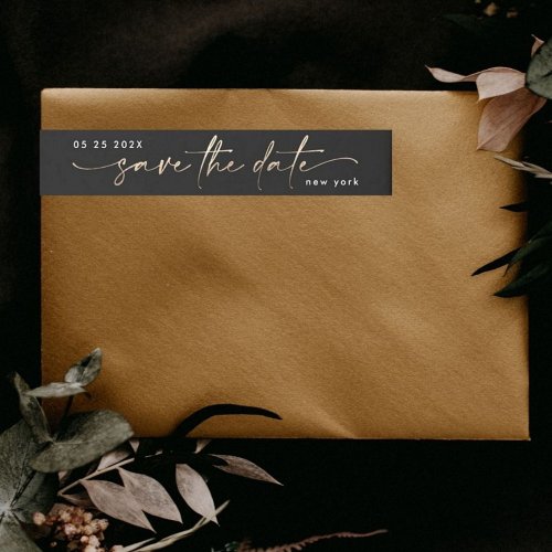 Sleek Romance  Gold Foil on Black Save The Date  Wrap Around Label